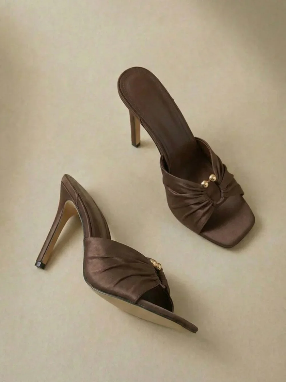 Brown Ruched Slide Sandals with Gold Ring Detail